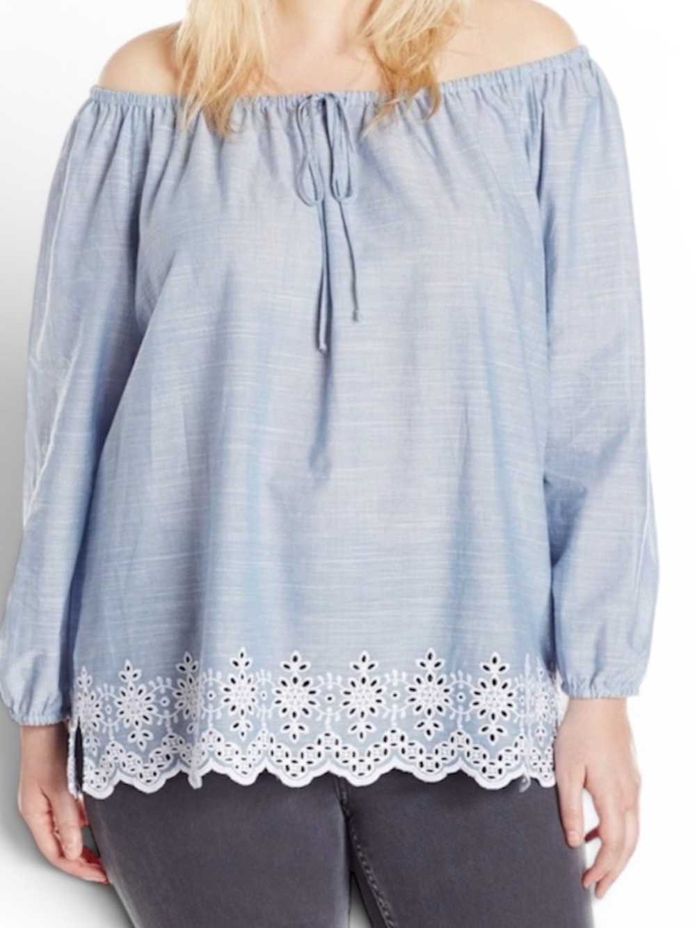 NYDJ Women's Josephine Off or on Shoulder  chambray peasant top size small